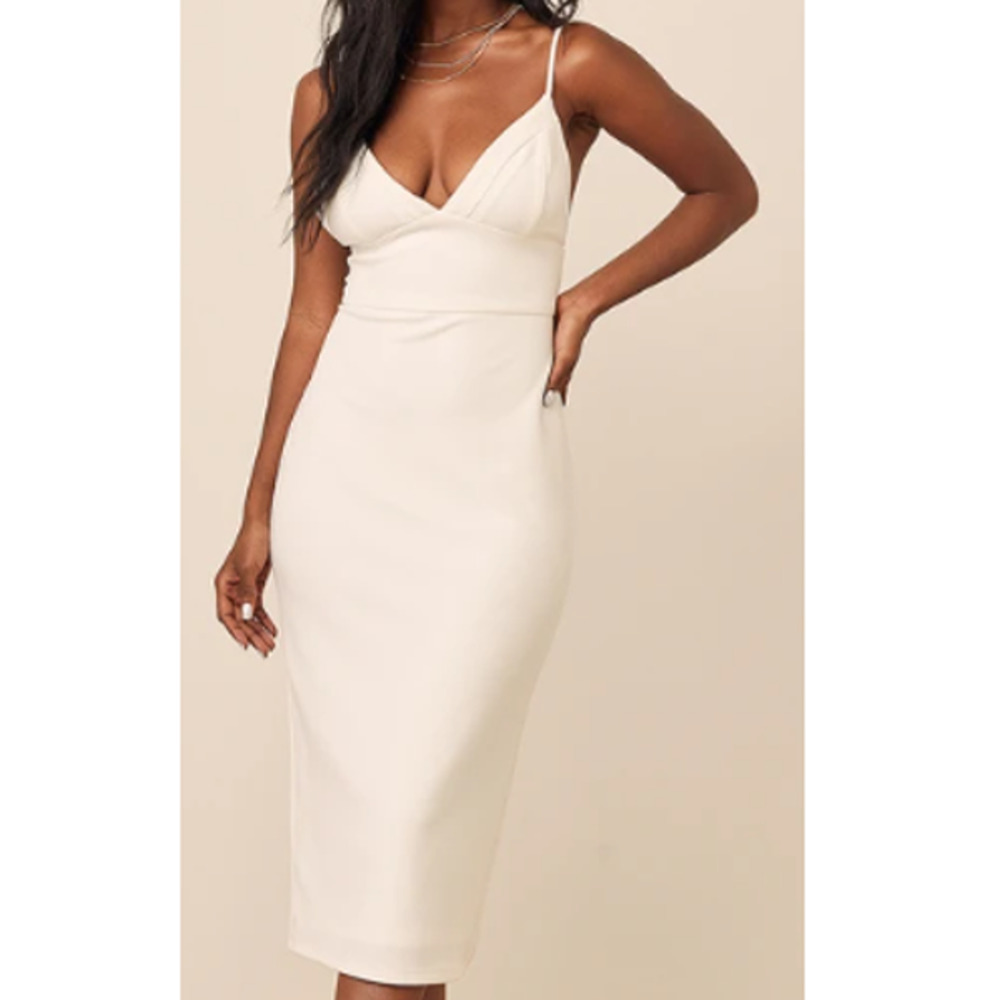 LULU'S SZ S All In Favor V-Neckline White Spaghetti Straps Midi Dress NEW 0B3